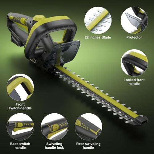 Black and Green Hedge Trimmer for Dewalt 20V Battery, Cordless Hedge Trimmer with 22'' Dual-Action Blade, 1600RPM, 3/5'' Cutting Width, Rotatable Handle & Dual-Switch Design (Battery Not Included) (Green)