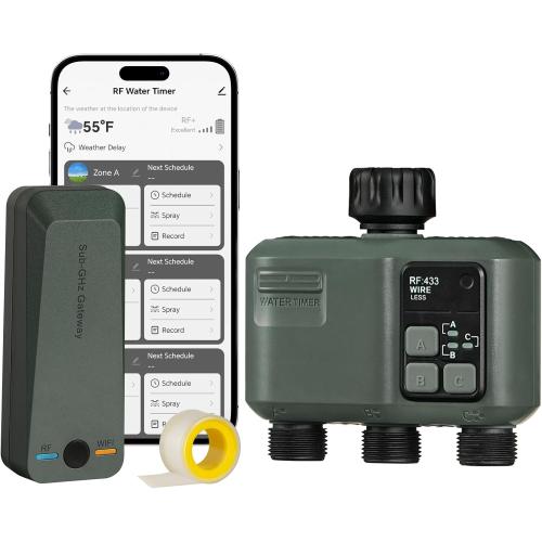 WiFi Water Timer for Garden Hose, Sprinkler Timer 3 Zone, 984ft RF Range, 3 Outlet Smart Hose Watering with APP WiFi Irrigation Controller, Automatic Irrigation System/Rain Delay/Manual Watering