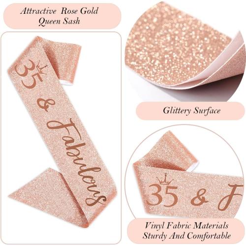 35th Birthday Decorations Gifts for Women, Including 35 year old Birthday Cake Topper, Queen Sash with Pearl Pin, Sweet Rhinestone Tiara Crown, Number Candles and Balloons Set, Rose Gold