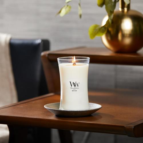WoodWick Large Hourglass Candle in White Teak Premium Soy Blend Wax with Crackling Pluswick Innovation Wood Wick