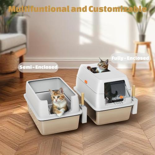 Tom & Sora Creations Stainless Steel Sifting Litter Box, Sifting Cat Litter Box for Pine Pellets and Clay Litter, Multifunctional, Low Maintenance, Odor Free, Leak Free, Enclosed, XL, Grey