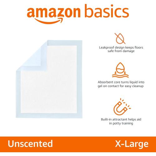 Amazon Basics Leak-Proof Dog and Puppy Potty Training Pee Pads with Quick-Dry 5-Layer Design, X-Large Size 28 x 34 Inch, Blue & White, 40-Pack