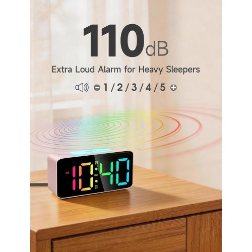 Cadmos 110dB Extra Loud Alarm Clock for Heavy Sleepers Adults, Cute Birthday Gift for Girls Teens Women, RGB Digital Clock with 7 Color Night Light, USB Charger, Bedside Clocks for Kids(Pink RGB)