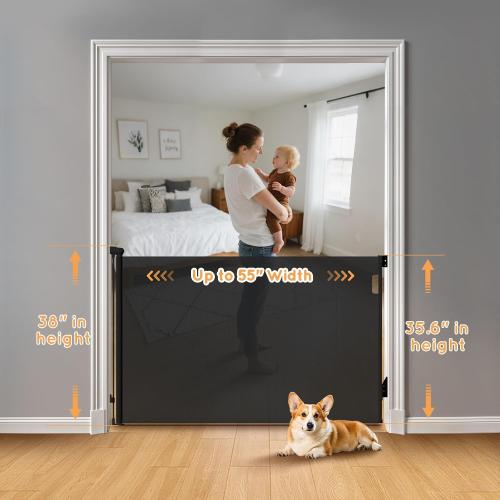 Retractable Baby Gate, 38 Extra Tall Mesh Baby Gate with Auto-Tension Design, 55 Wide One-Hand Operation Dog Gates for Doorways and Hallways, Safety Gate for Babies and Pets, Black