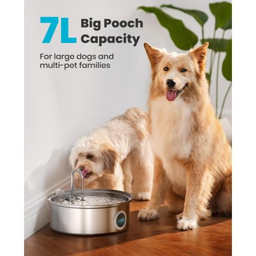 oneisall Dog Water Fountain, 7L/230oz/1.8G Quiet Dog Fountain Water Bowl, Stainless Steel Dog Water Fountain with Visual Water Level&Triple Filtration for Large Medium Small Breed Dogs Pets