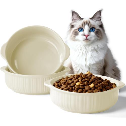 Cat Food Bowl with Handle, 6 inch Ceramic Cat Food and Water Feeder Set, Modern Vertical Texture Design, Kitten Bowls for Indoor Cats and Small Dogs, Microwave Dishwasher Safe, Beige- 2 Pack