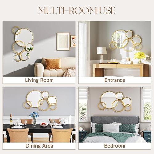 Uniclinens Modern Gold Round Mirror Decor - Large Sculpture Mirror for Living Room, Boho Wall Mirror Decor for Dining Room, Entryway, Hallway, Bedroom, 35X21