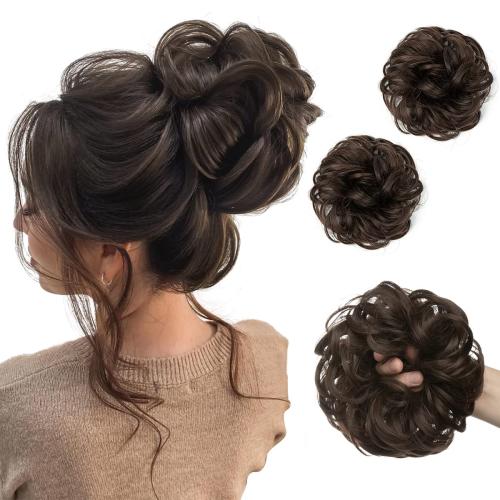 SARLA 2PCS Messy Hair Bun Hair Pieces Wavy Curly Synthetic Updo Fake Scrunchies Ponytail Extension for Women Dark Brown