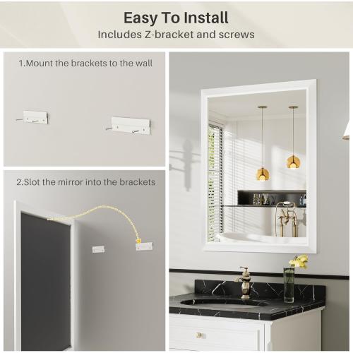 24x36 Inch White Bathroom Mirror for Wall, Thick Metal Framed Rectangle Mirrors for Over Sink, Bedroom, Living Room, Entryway, Anti-Rust, HD Tempered Glass