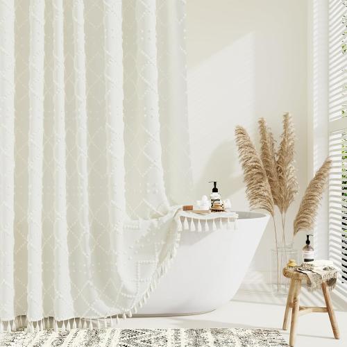 Dynamene Extra Long Shower Curtains, 84 Inches Long Boho Tufted Geometric Striped Fabric Shower Curtains for Bathroom, Tall Shabby Chic Waterproof Cloth Shower Curtain Set with Hooks, Cream, 72x84