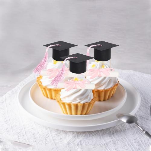 24 PCS 2026 Graduation Cap Cupcake Toppers Pink Tassel Diploma Class of 2026 Congrats Grad Cap Cupcake Picks Mini Cap Chocolate Decorations for 2026 School Graduation Party Cake Decorations Supplies