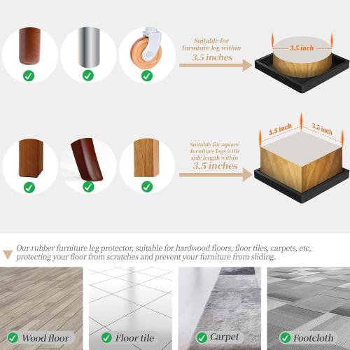 Furniture Coasters Caster Cups Rubber 3.5 inch Square No Slip Pads Hardwood Floors Protectors-for Furniture Legs Sofa Bed Piano Chair Feet Prevent Sliding Stoppers (4, Black Square 3.5 inch)