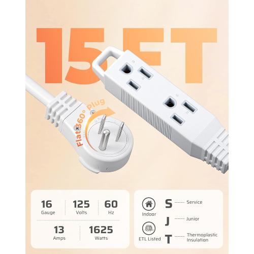 DEWENWILS 360° Rotating Flat Plug Extension Cord, 15FT Extension Cord Rotating Plug, 3 Prong 16/3C Grounded Flat Power Cable for Indoor Narrow Space, 13A/125V/1625W SJT-3, ETL Listed, White