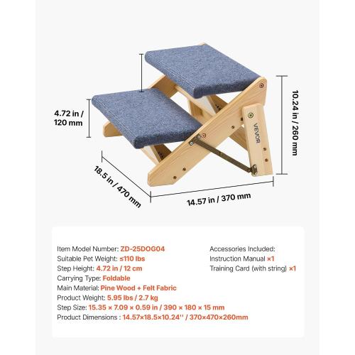 VEVOR Wood Pet Stairs, 2-Step Dog Stairs for Beds, Sofa & Cars, 110lbs Load Capacity, Floded Flat Design, Stable & Sturdy Cat & Dog Step Ladder for Small Medium Large Older Pet Puppy Essentials