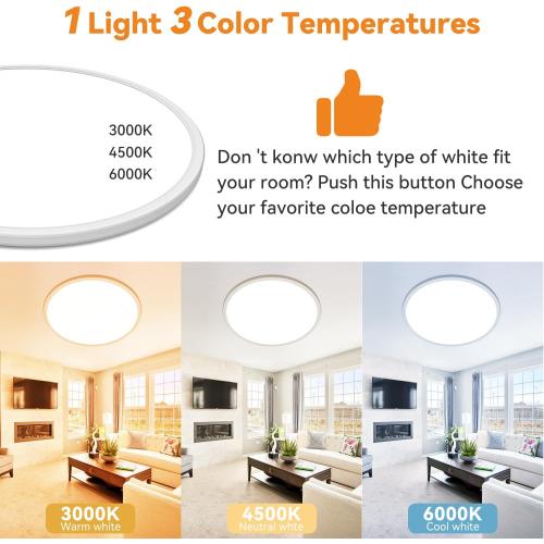 1PACK LED Flush Mount Ceiling Light Fixture, 3000K-4500K-6000K & 150W Equivalent Modern Kitchen Recessed Ceiling Lamp 36W 3600Lm 16 Inch Closet Round Surface for Bathroom Laundry Bedroom Hallway