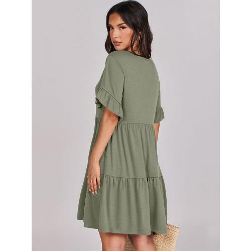 Size L ANRABESS Dresses for Women Summer 2025 V Neck Ruffle Sleeve A Line Tiered Flowy Casual Trendy Mini Beach Dress with Pockets