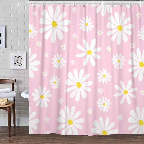 Pink Daisy Floral Shower Curtain, Cute Boho White and Pink Groovy Retro Flower Fabric Shower Curtains Set for Girls Bathroom Decorative, Aesthetic Restroom Decor Accessories with Hooks 72X72 Inch
