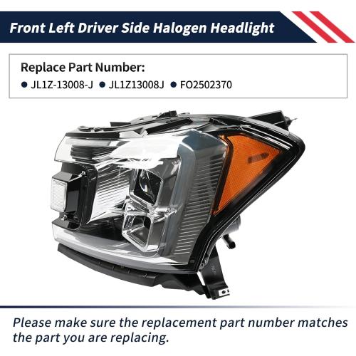 Halogen Headlight w/Bulbs Front Left Driver Side Headlamp Assembly JL1Z-13008-J JL1Z13008J FO2502370 Compatible with Ford Expedition XLT Limited 2018-2021