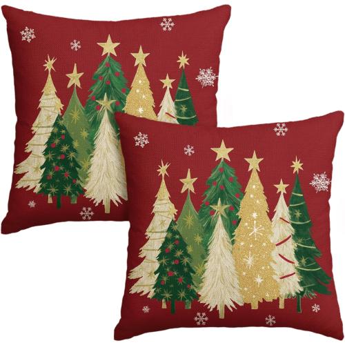 AVOIN colorlife Christmas Trees Star Red Throw Pillow Covers Set of 2, 18 x 18 Inch Snowflake Seasonal Winter Holiday Cushion Case Decoration for Sofa Couch