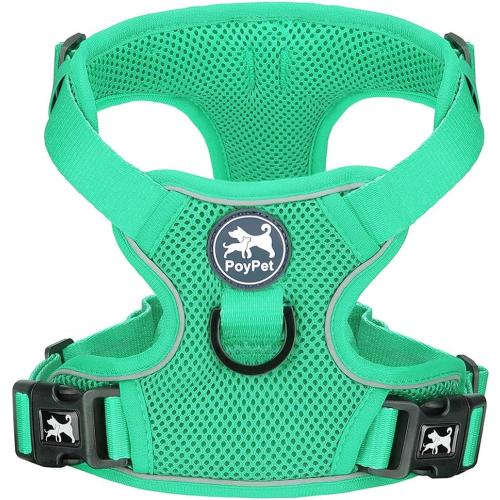 PoyPet Reflective Soft Breathable Mesh Dog Harness Choke-Free Double Padded Vest with Adjustable Neck and Chest(Mint Green,L)