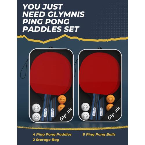 Glymnis Ping Pong Paddles Set Table Tennis Rackets with Balls, Storage Case for Indoor Outdoor Table Tennis Paddle Game Accessories