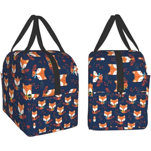 Cute Fox Lunch Bag for Women Small Insulated Lunch Box Leakproof Reusable Girls Lunchbag Office Work School Picnic Portable Black