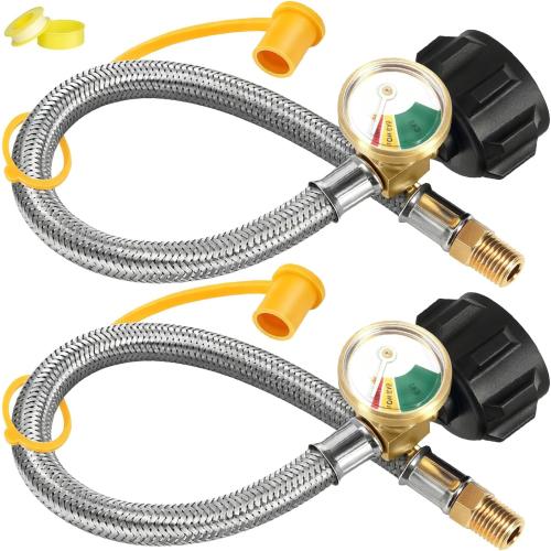 15 Inch RV Propane Hose Replacement with Gauge, 2 Pack - Stainless Steel Braided Hose for RV Two-Stage Regulator - 1/4 Male NPT & QCC1 Inlet, 350PSI