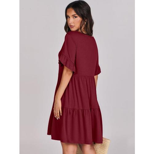 Size M ANRABESS Dresses for Women Summer 2026 V Neck Ruffle Sleeve A Line Tiered Flowy Casual Trendy Mini Beach Dress with Pockets