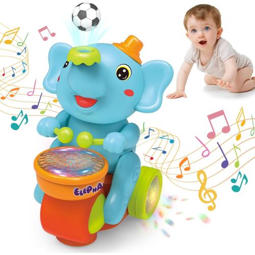 Baby Elephant Musical Crawling Toy with Lights, Sounds, Blowing Ball, Infant Sensory Toys, Birthday Gifts for Kids Boy Girl 3 4 5 6 7 8 Years (Blue)