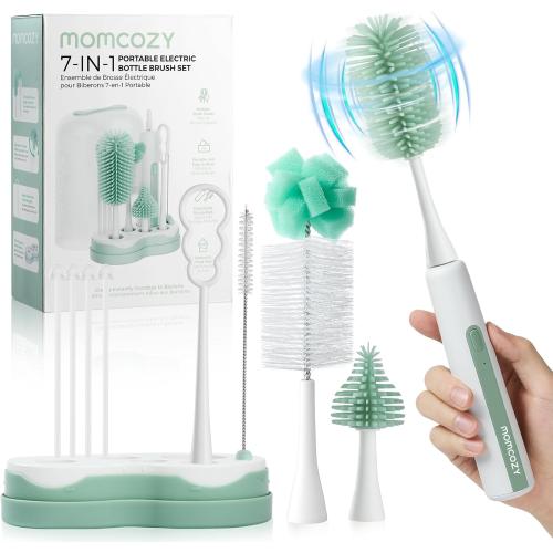 Momcozy 7 in 1 Electric Bottle Brush Kit, Portable Cleaning Set with Formula Mixer, Silicone Brush, Nipple Brush, Straw Brush, Soap Dispenser, Drying Rack - Long Battery Life for Home & Travel