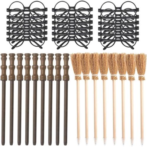 Party Supplies Kit -Black Round Glasses with Round Frame No Lenses, Broom Pencil, Wand Pencil for School Birthday, Halloween,Cosplay Party Decor（Each of 12 pcs ）