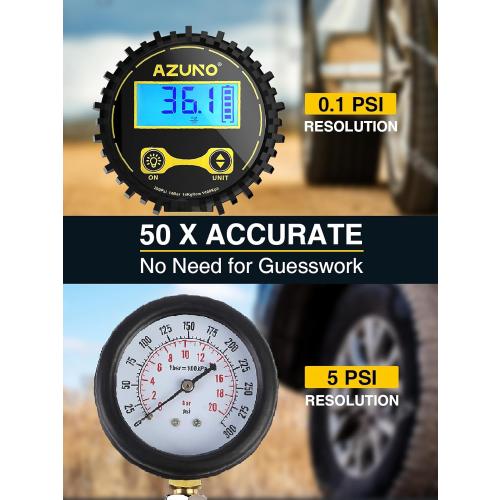 AZUNO Digital Tire Inflator with Pressure Gauge, 200 PSI, Heavy Duty Air Compressor Accessories, with Rubber Hose Lock on Air Chuck and Quick Connect Coupler, Comes with a Portable Carrying Box