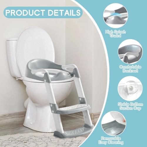 COOSEYA Potty Training Toilet with Step Stool Ladder, Toddler Kids Potty Training Seat for Boys Girls, Foldable Non-Slip Toilet Toddler Seat Splash Guard Soft Cushion Safety Handles (Grey)
