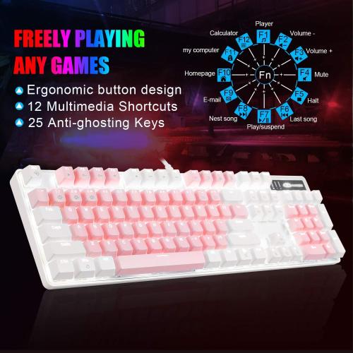 Color White and Blue MageGee Mechanical Gaming Keyboard, New Upgraded Blue Switch 104 Keys White Backlit Keyboards, USB Wired Mechanical Computer Keyboard for Laptop, Desktop, PC Gamers