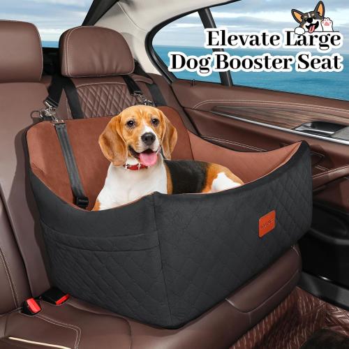 Wooaidagg Dog Car Seat for Medium & Large Dogs Up to 55lbs, Memory Foam Cushion, Washable Cover, Safety Straps & Non-Slip Bottom(Black/Brown,Large)