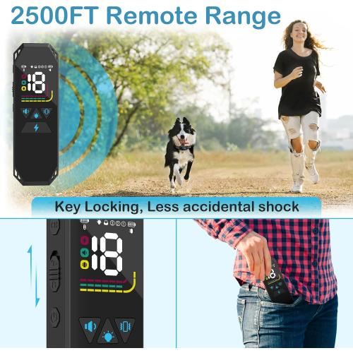 Dog Training Collar, Dog Shock Collar with Remote Control, 2500FT and 4 Training Modes Beep, Vibration, Electric Shock, IP67 Waterproof Rechargeable E-Collar for All Breed