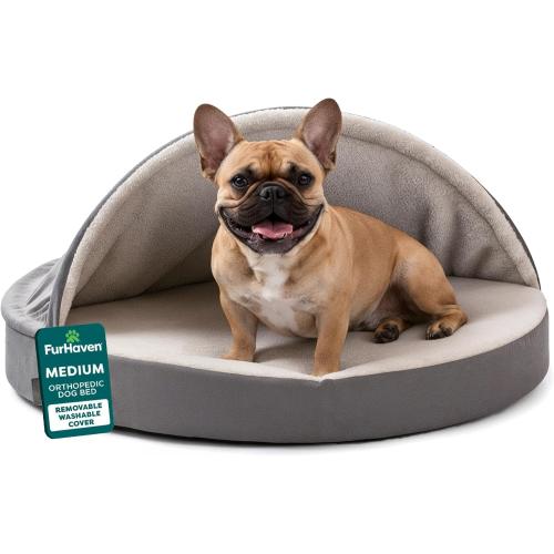 Furhaven 26 Round Orthopedic Dog Bed for Medium/Small Dogs w/ Removable Washable Cover, For Dogs Up to 30 lbs - Sherpa & Suede Snuggery - Gray, 26-inch