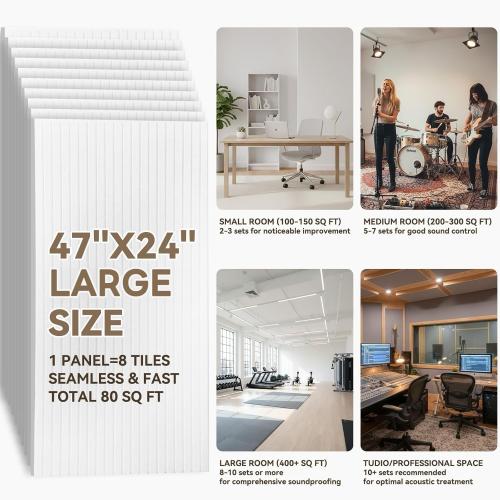 10Pack Large Acoustic Panels, 48x24x0.4 inch Sound Proof Panels for Walls, Self-Adhesive Sound Dampening Wall Panels, Noise Absorbing Decorative Wall Panels, Wall Noise Blocker for Home Studio (Grey)