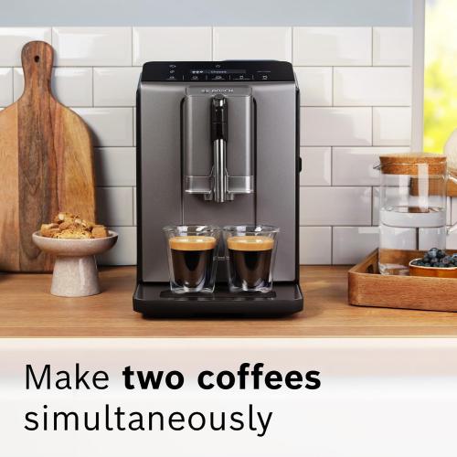 Bosch TIU20508 300 Series Fully Automatic Espresso Machine with Milk Express (in-cup frother), LCD   Touch Control Panel, Cup Warmer, OneTouch Milk-based Beverages and 5 Beverage Options, Dark Silver‼️Light dirt‼️