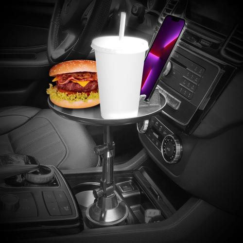 Cellet Cup Holder Tray for Car with Phone Mount – Expandable Base, 360° Rotation Food & Drink Tray with Non-Slip Surface, Adjustable Arm for Eating in Vehicle – Fits Most Standard Car Cup Holders