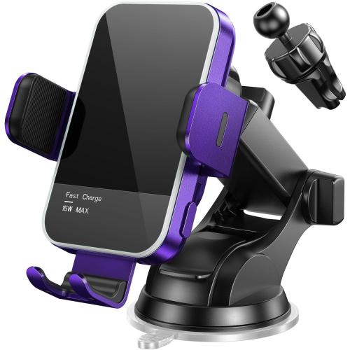 Wireless Car Charger,【7 Colored RGB Backlit】15W Auto Clamping Car Charger Phone Mount Holder for iPhone 16 15 14 13 12 Mini Pro Max 11, Samsung Galaxy S24 Ultra S23 S22 S21  S10  Note 20, etc - Purple