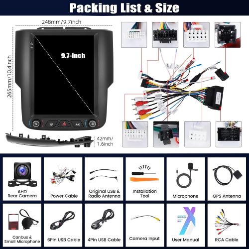 2 64G Android 13 Car Stereo for Dodge RAM 1500 2500 3500 2013-2018(Auto AC) with Wireless Carplay Android Auto, 9.7 Touchscreen in Dash GPS Radio with GPS WiFi Bluetooth FM RDS EQ SWC Backup Camera