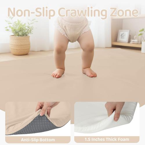 Beige Bella’s Friends Foldable Baby Play Mat for Floor, 47x47 Vegan Leather Playpen Mat, 1.5 Extra Thick Foam, Non-Toxic, Wipe-Clean, Travel-Ready, Non-Slip Crawling Mat for Kids Toddlers&Infants, Beige