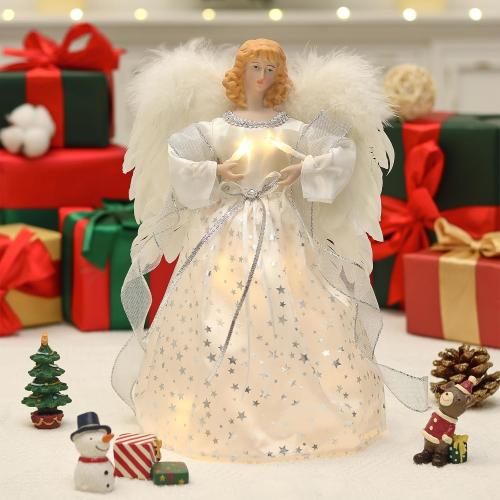 Angel Christmas Tree Topper, 12.6 White Angel Treetopper, 10-Light Angel Tree Topper with Wings, Indoor Christmas Decors, Xmas Home Ornaments (White)