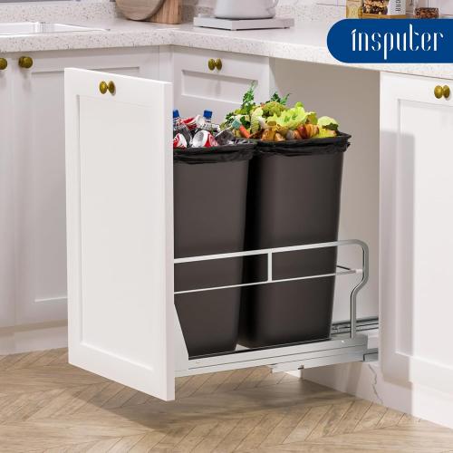 Insputer Dual Pull Out Trash Can Under Cabinet with Soft-Close Slides, Heavy Duty Under Sink Trash Can Kit for Kitchen Sink, Laundry, Garbage Can Not Included, Requires 17 W X 24 D Cabinets