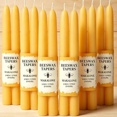 12 Pack Beeswax Taper Candles,8in Pure Beeswax Candles Non Toxic,8 Hours Long Clean Burning 100% Natural Candle Sticks,Smokeless and Unscented Bees Wax Candle for Home,Prayer,Tall Tapered
