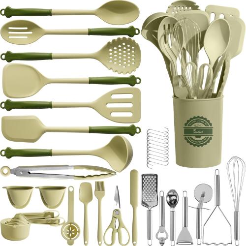 Kikcoin 43Pcs Kitchen Utensils Set - Silicone Cooking Utensil Set, Dishwasher Safe Spatula for Non-stick Cookware, 446°F Heat Resistant Kitchen Gadgets with Holder BPA Free, Avocado Green