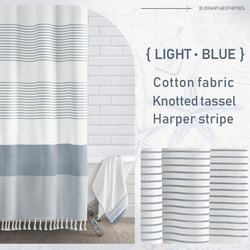 Awellife Blue Shower Curtain Beach Ocean Coastal Nautical Shower Curtain for Bathroom Stripe Tassel 72 X 72 Inches Cotton