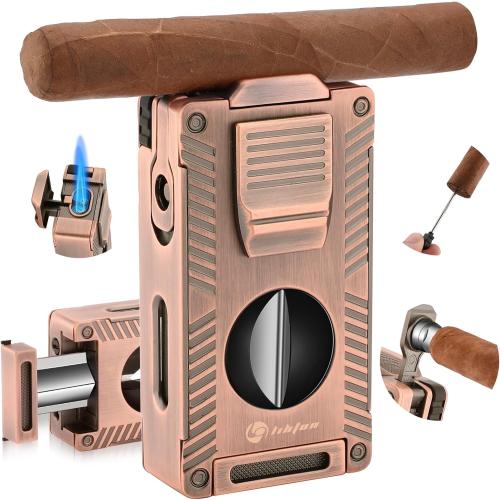 Cigar Torch Lighter - All-in-1 Lighter with Built-in Cigar Holder, Punch, Draw Enhancer & Cutter for Smoking - Double Jet Flame Refillable Butane Lighter - Gift for Men