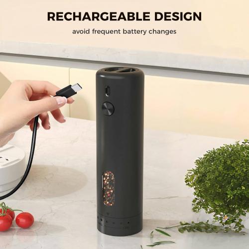 Pepper Grinder, Electric Salt and Pepper Mill Grinder, Adjustable Coarseness, Ceramic Grinding Elements, Rechargeability with LED Light, One Hand Automatic Operation Black (1PCS)